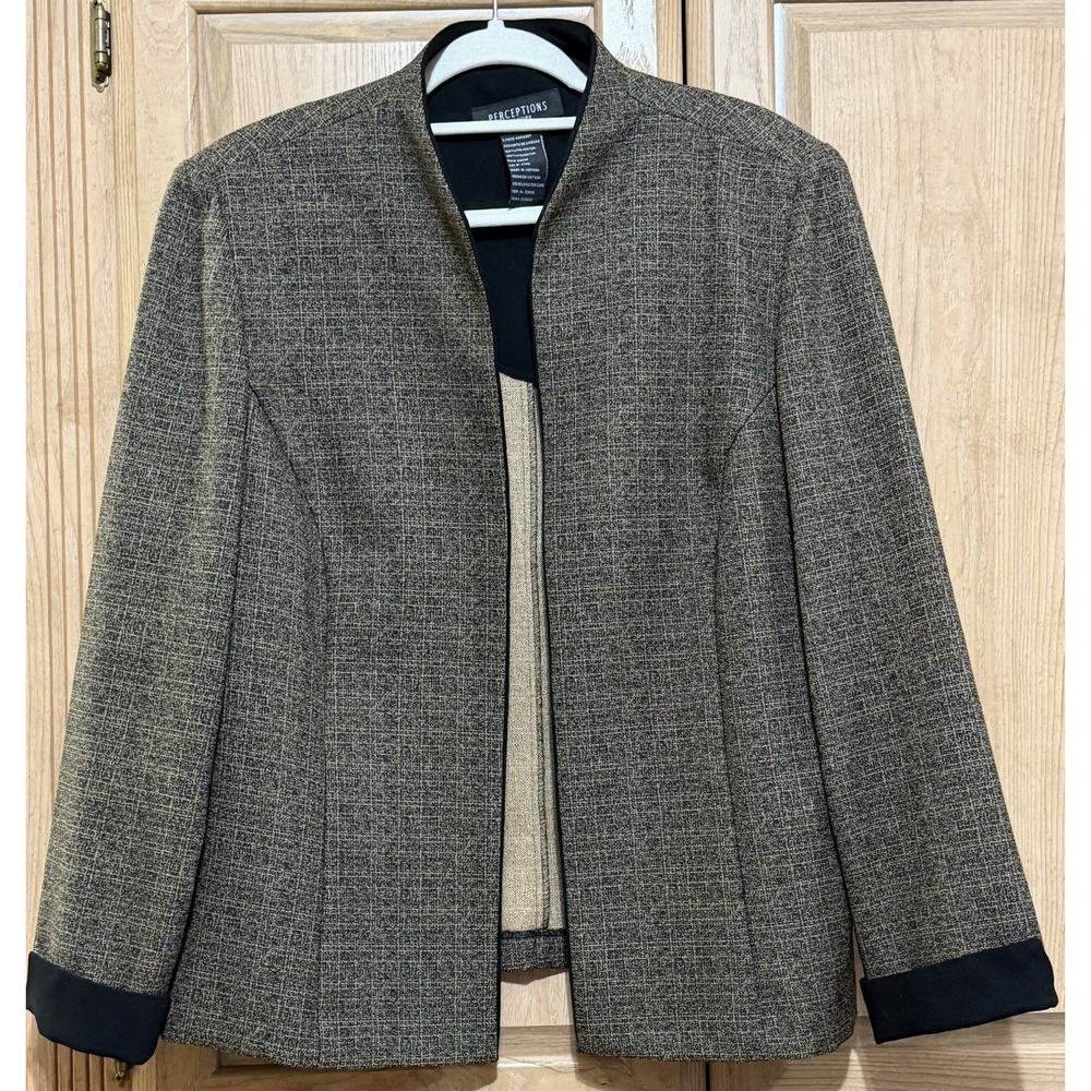 Perceptions NY Brown Tweed Career  Jacket Blazer Women's Size 18 Open Front Cuff